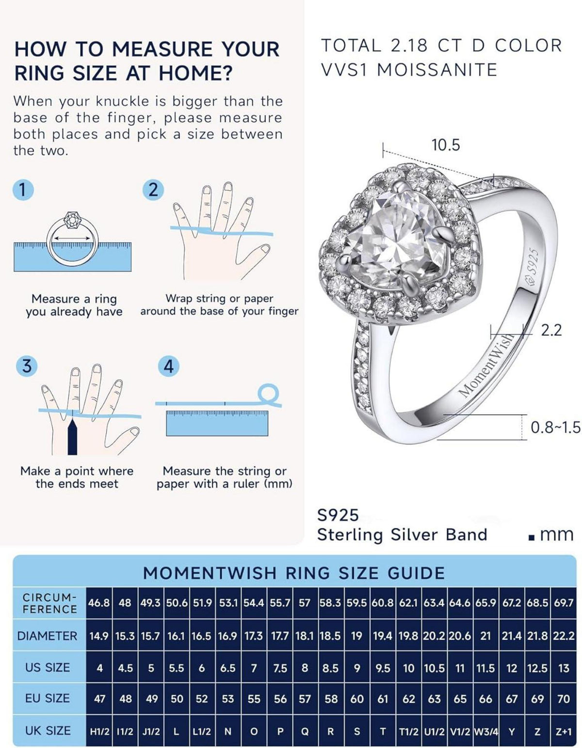 Verlobungsring Damen Moissanit 1 Karat Silber 925 Heart-1 Karat