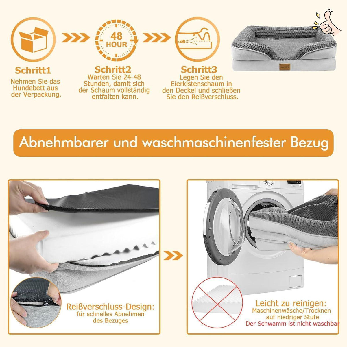 Orthopädisches Hundebett XL mit Rand, waschbar, grau