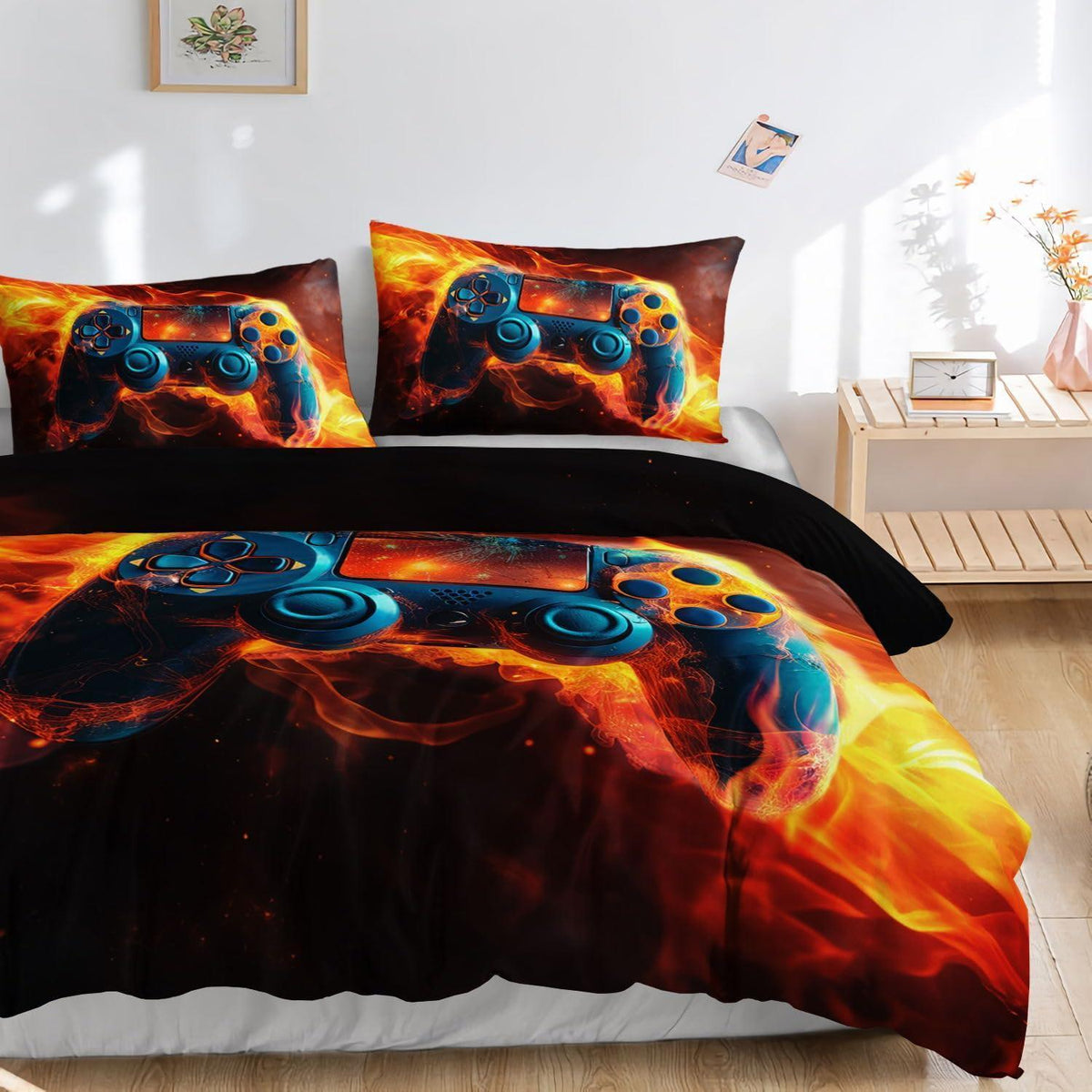 Flammen-Gamepad Bettwäsche-Set 200x200cm mit Kissenbezügen