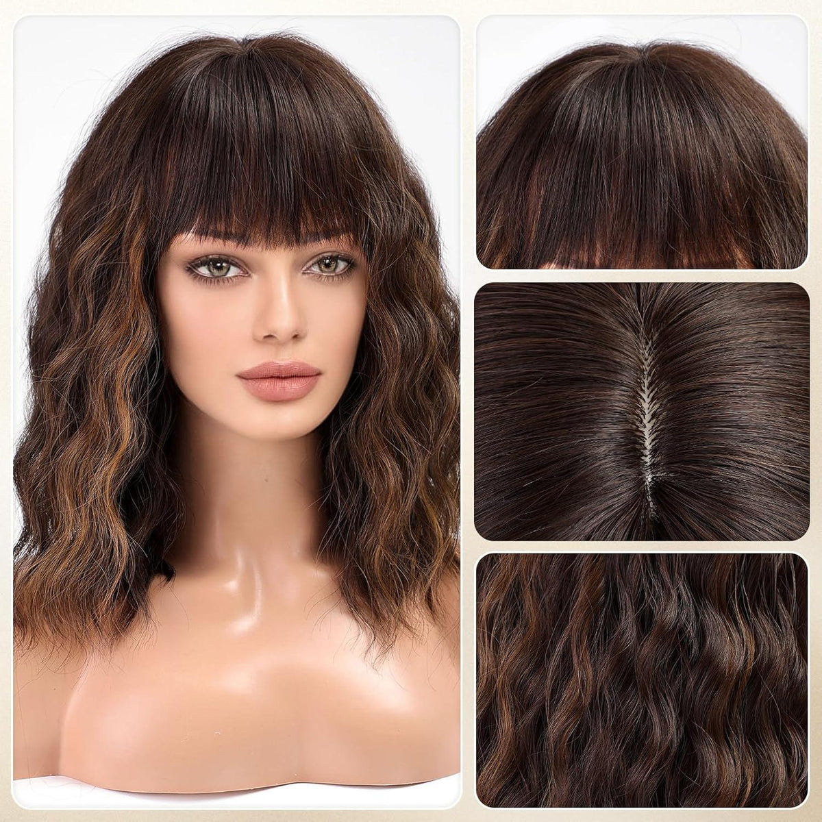 Brünette Bob Perücke mit Blond Highlights – Kurz & Charmant