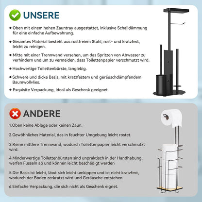 Stehender Toilettenpapierhalter mit Klobürste & Ablage Schwarz Matt