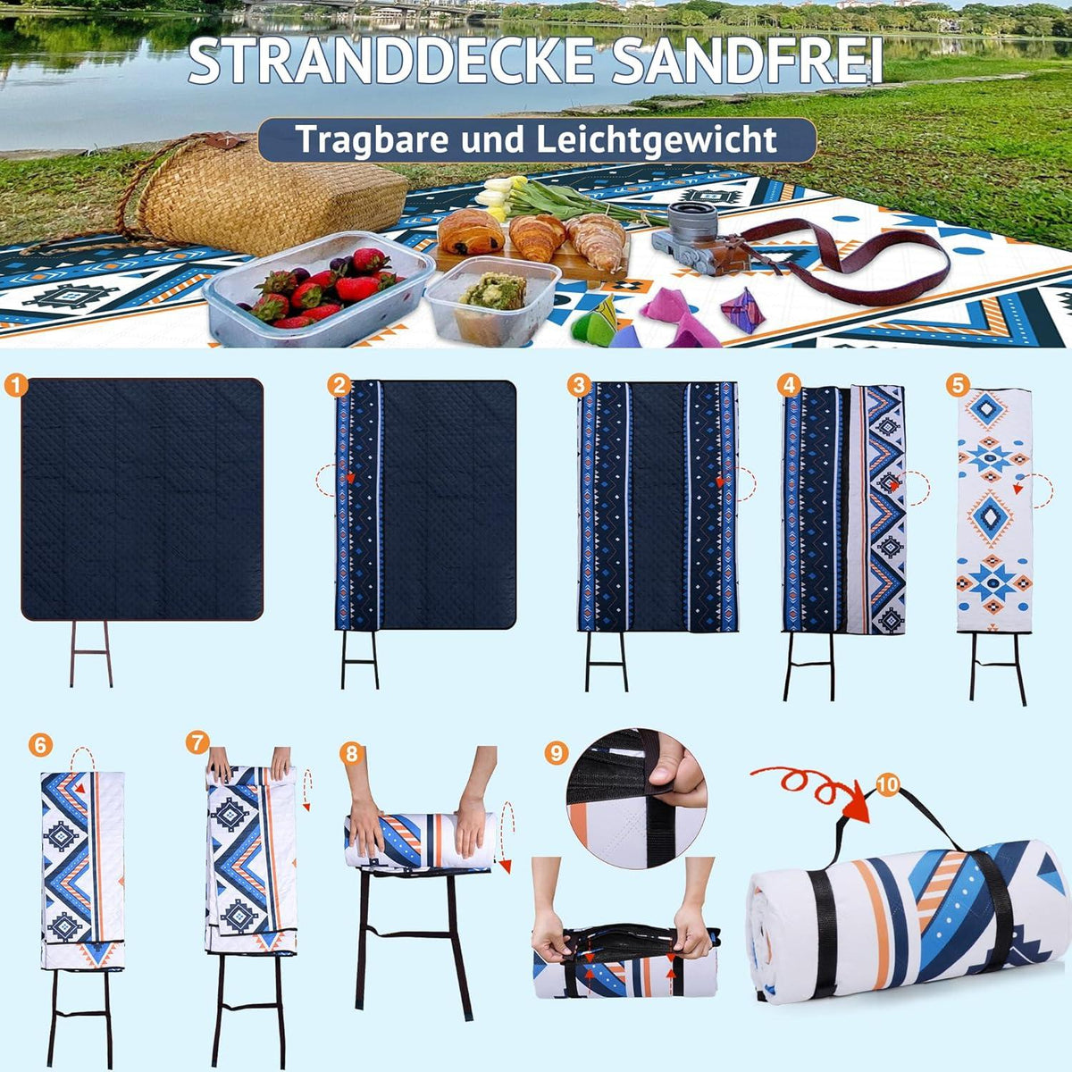 Picknickdecke Wasserdicht 195x150cm Outdoor Strandmatte Blau