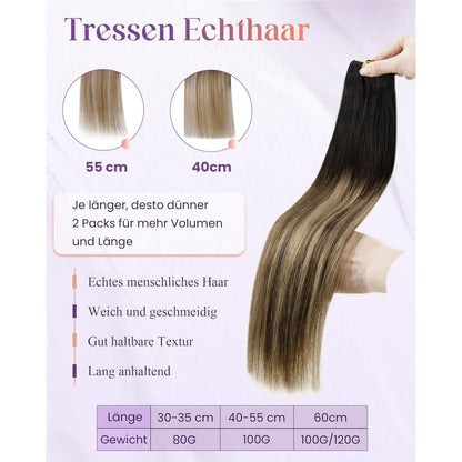 Echthaar Tressen zum Einnähen Balayage Braun 40cm