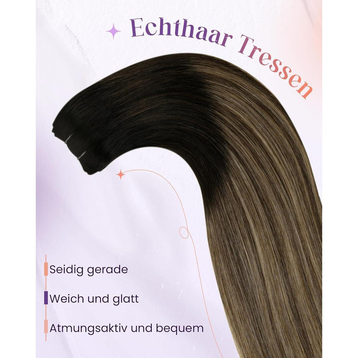 Echthaar Tressen zum Einnähen Balayage Braun 40cm
