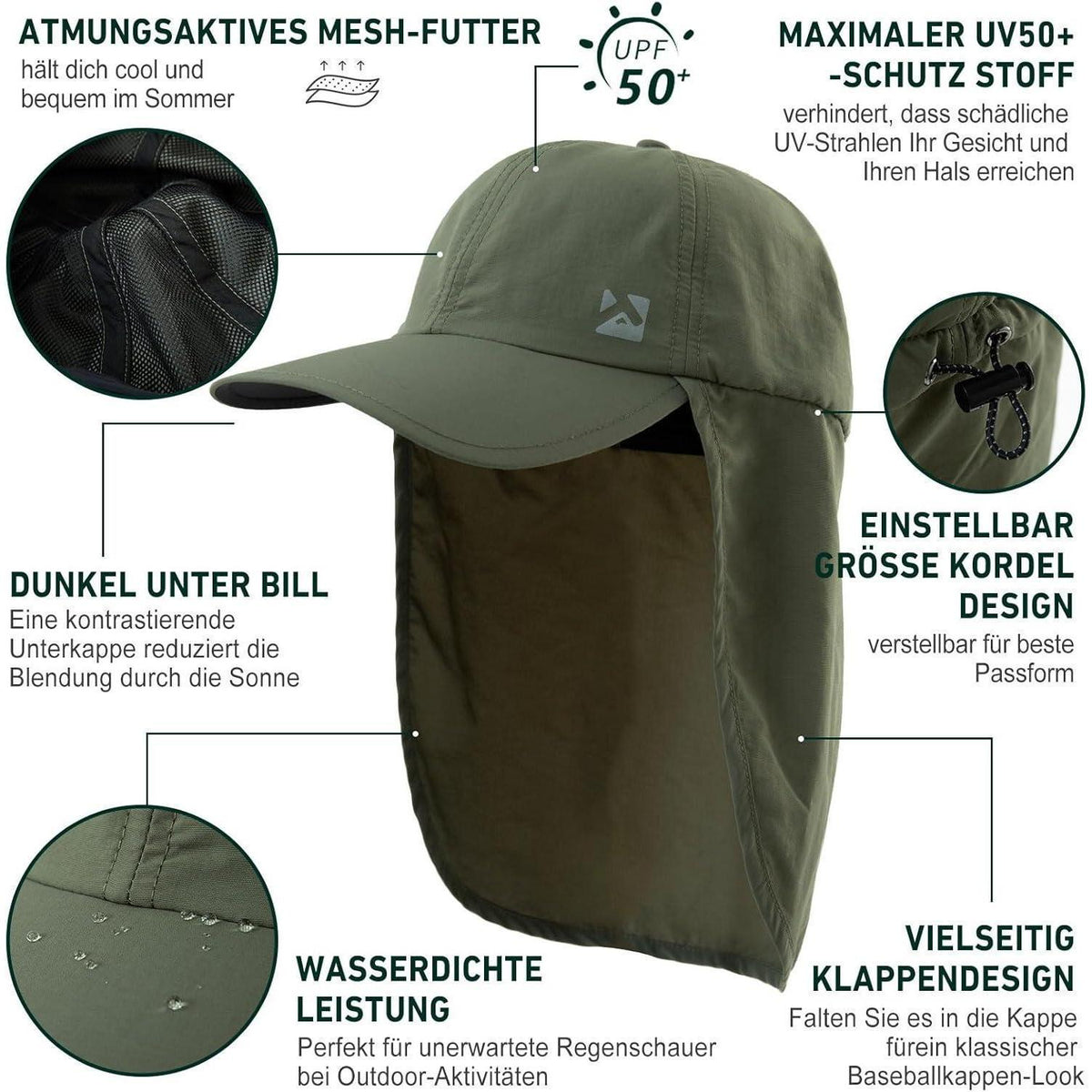 Wasserdichte Baseball Cap XL/XXL mit Nackenklappe & UV-Schutz