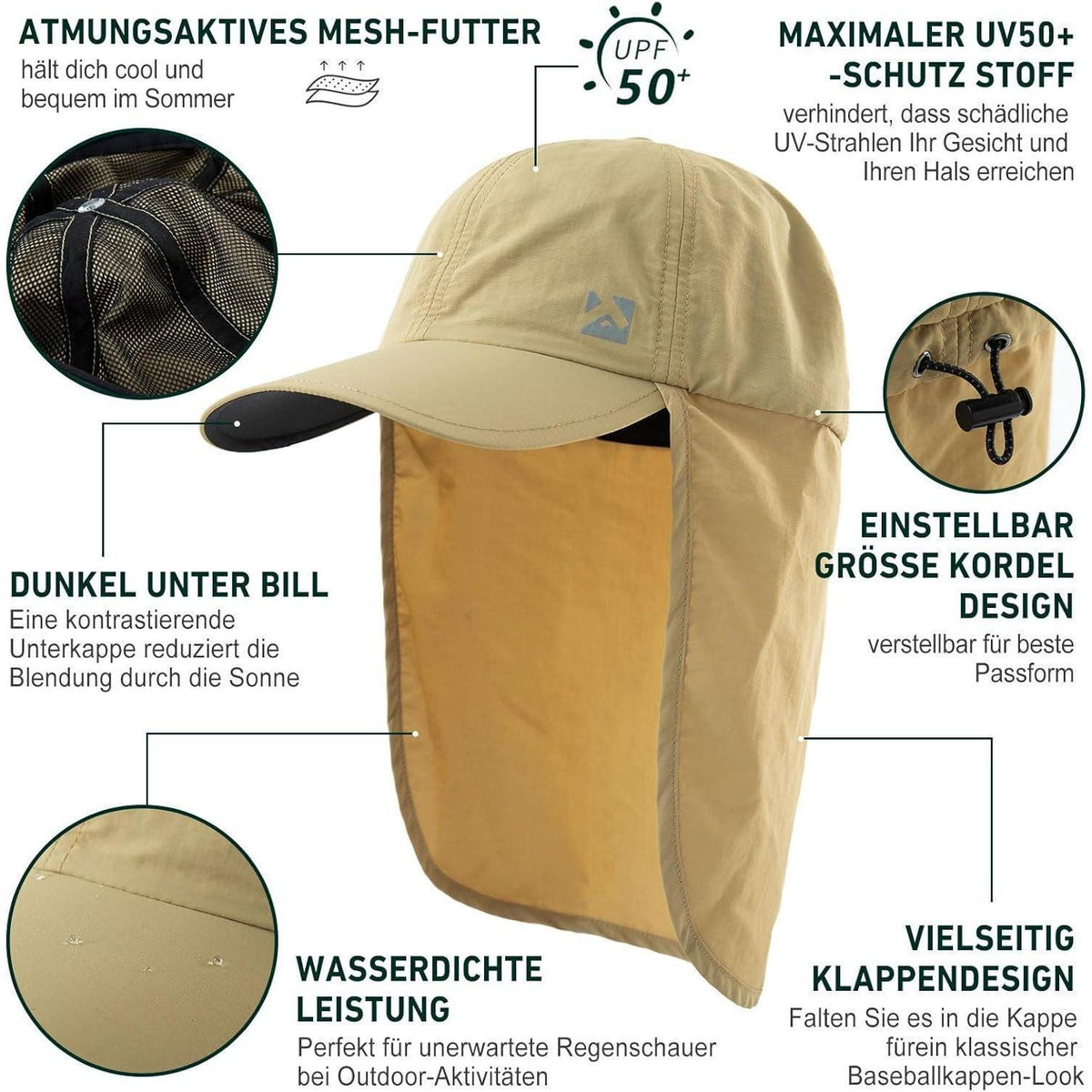Wasserdichte Baseball Cap XL/XXL mit Nackenklappe & UV-Schutz