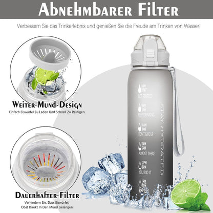 Trinkflasche 1l BPA-frei Zeitmarkierung Sport Auslaufsicher