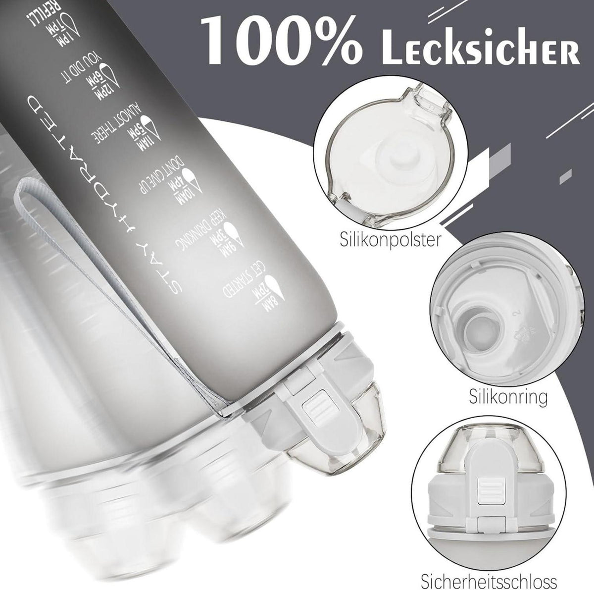 Trinkflasche 1l BPA-frei Auslaufsicher Zeitmarkierung für Sport Gym