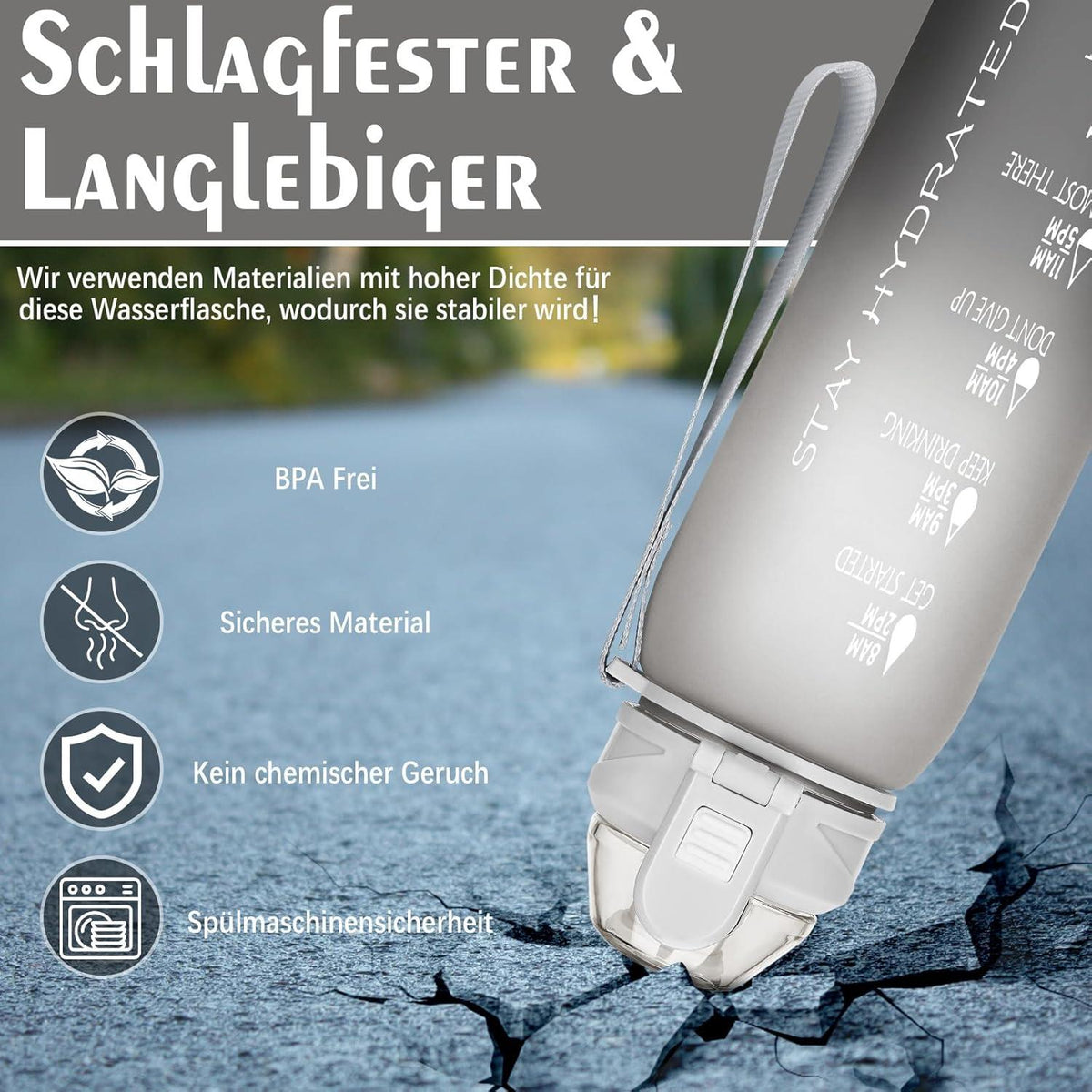 AOPREL Trinkflasche 1l BPA-frei Zeitmarkierung Auslaufsicher Grau