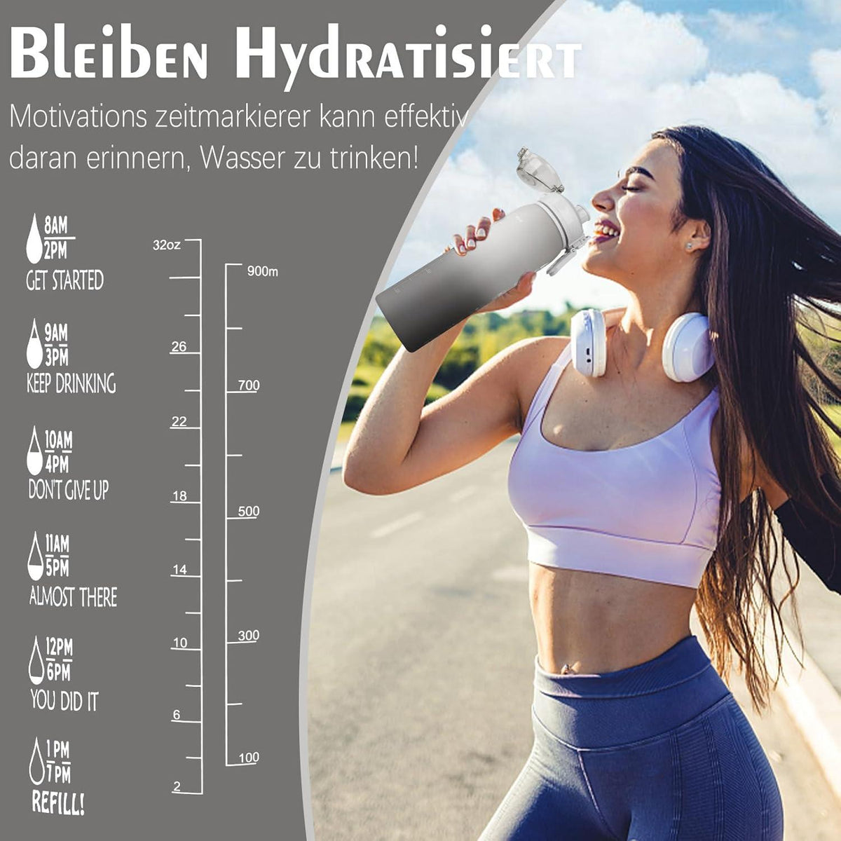 Trinkflasche Sport 1l BPA-frei Auslaufsicher Zeitmarkierung Grau Fitness Outdoor
