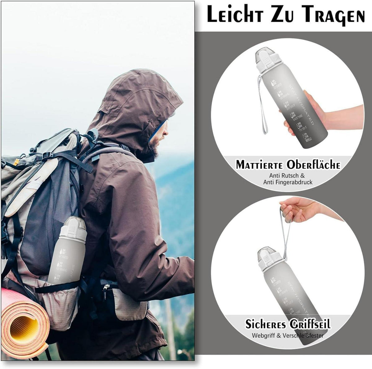 Trinkflasche 1l BPA-frei Sport Auslaufsicher Zeitmarkierung Grau