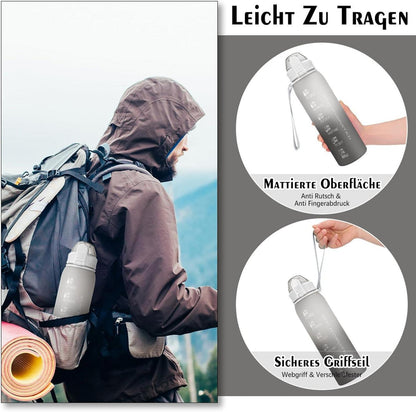 Trinkflasche 1l BPA-frei Sport Auslaufsicher Zeitmarkierung Grau