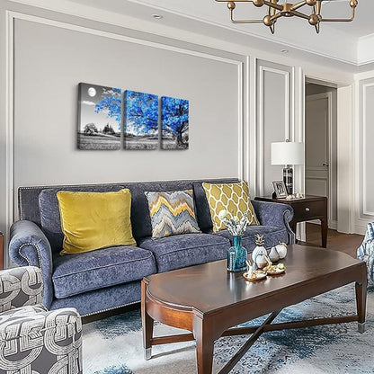 Blaue Baum Leinwand Wandbilder 3er Set für Wohnzimmer und Schlafzimmer