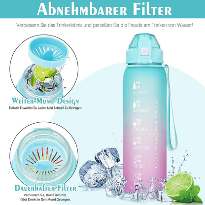 Trinkflasche 1l BPA-frei Auslaufsicher mit Zeitmarkierung