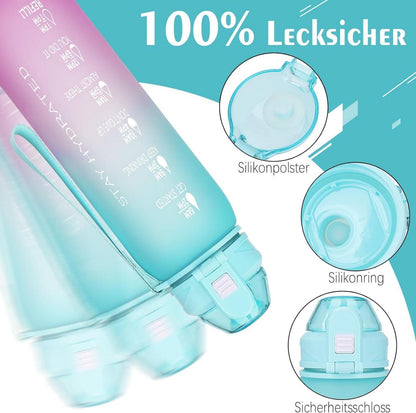 Trinkflasche 1l BPA-frei Auslaufsicher Zeitmarkierung Blau Rosa