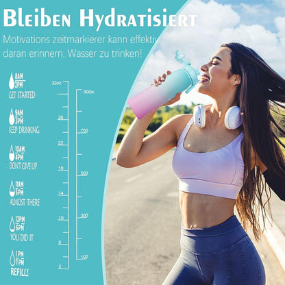 1L BPA-freie Trinkflasche mit Zeitmarkierung für Sport Büro Outdoor Blau Pink