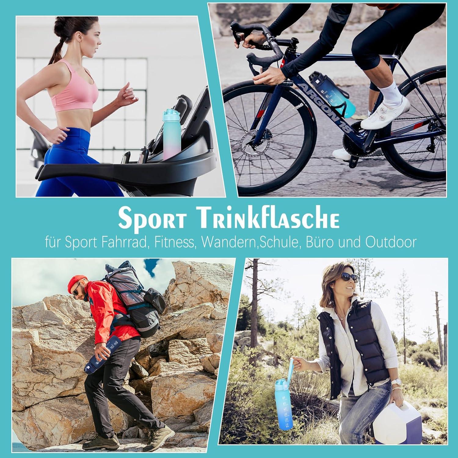 1L BPA-freie Trinkflasche mit Zeitmarkierung für Sport Büro Outdoor Blau Pink