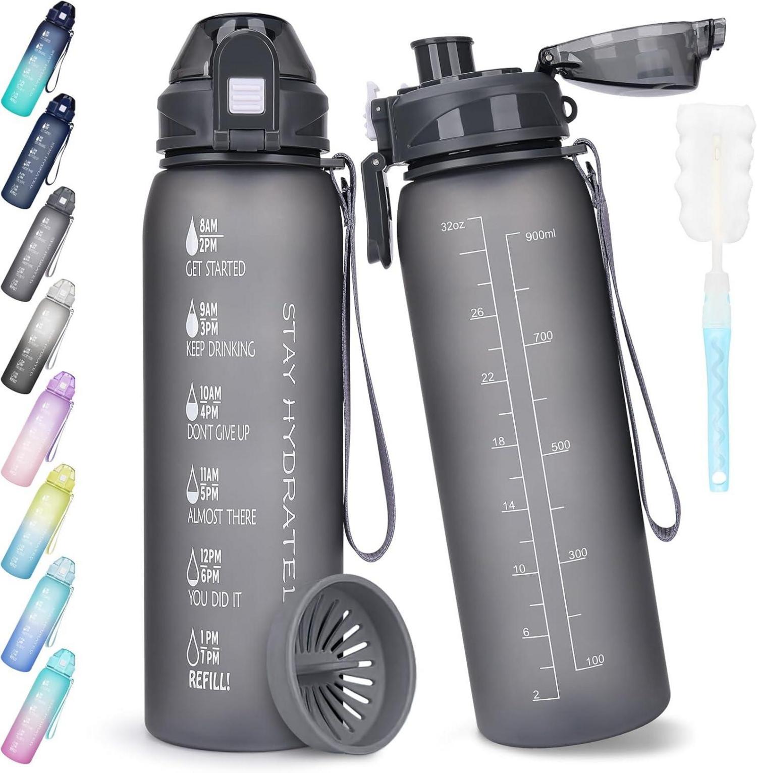 Trinkflasche 1l BPA-frei Auslaufsicher Zeitmarkierung Sport Grau