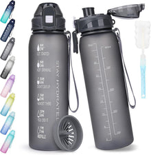 Trinkflasche 1l BPA-frei Auslaufsicher Zeitmarkierung Sport Grau