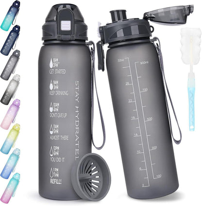 Trinkflasche 1l BPA-frei Auslaufsicher Zeitmarkierung Sport Grau
