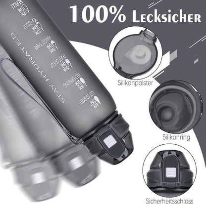 Trinkflasche 1l BPA-frei Auslaufsicher Zeitmarkierung Sport Grau
