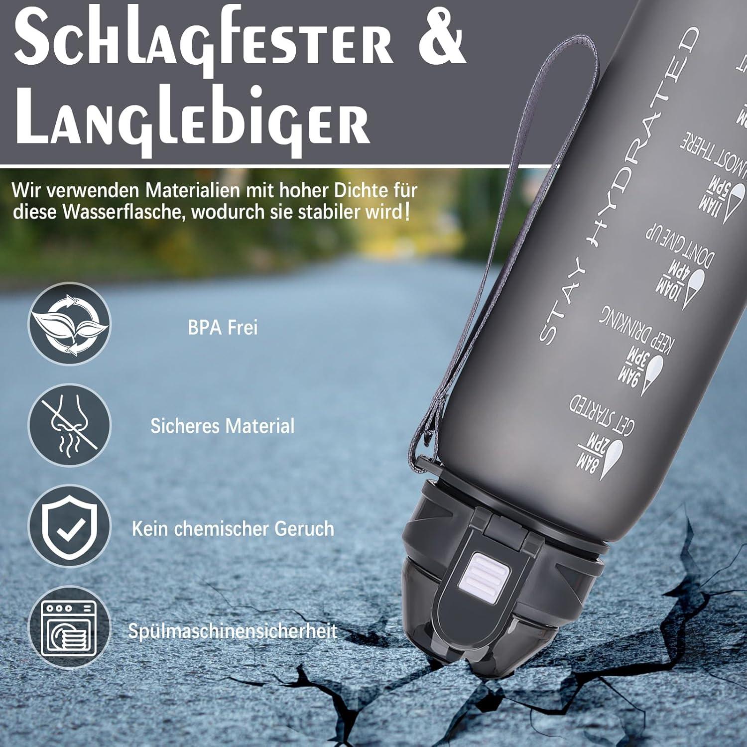 AOPREL Trinkflasche 1l BPA-Frei Sport Auslaufsicher Zeitmarkierung Grau