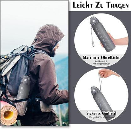 Sport Trinkflasche 1l BPA-frei Auslaufsicher mit Zeitmarkierung Grau