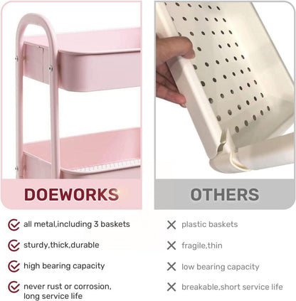 DOEWORKS Aufbewahrungswagen 3-Etagen Rollwagen Metall mit Rädern, Rose