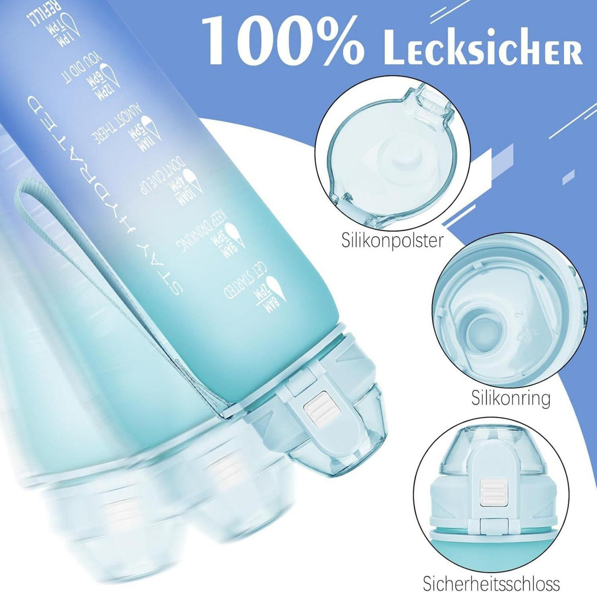 Trinkflasche 1l BPA-frei mit Zeitmarkierung für
