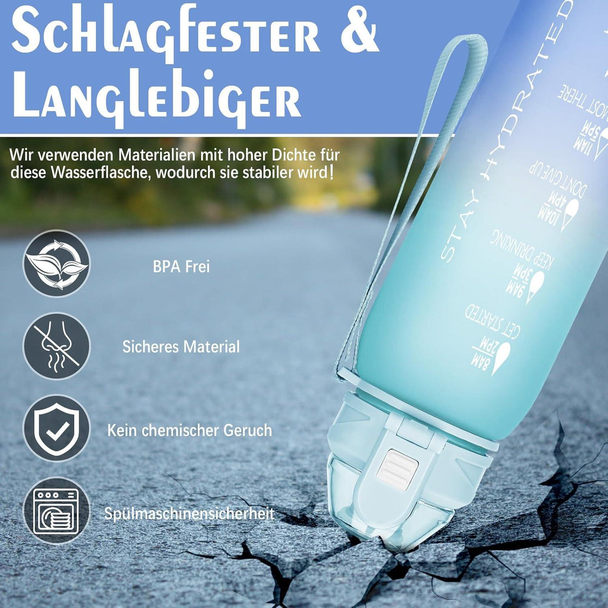 AOPREL Trinkflasche 1l BPA-frei Auslaufsicher mit Zeitmarkierung dunkelblau