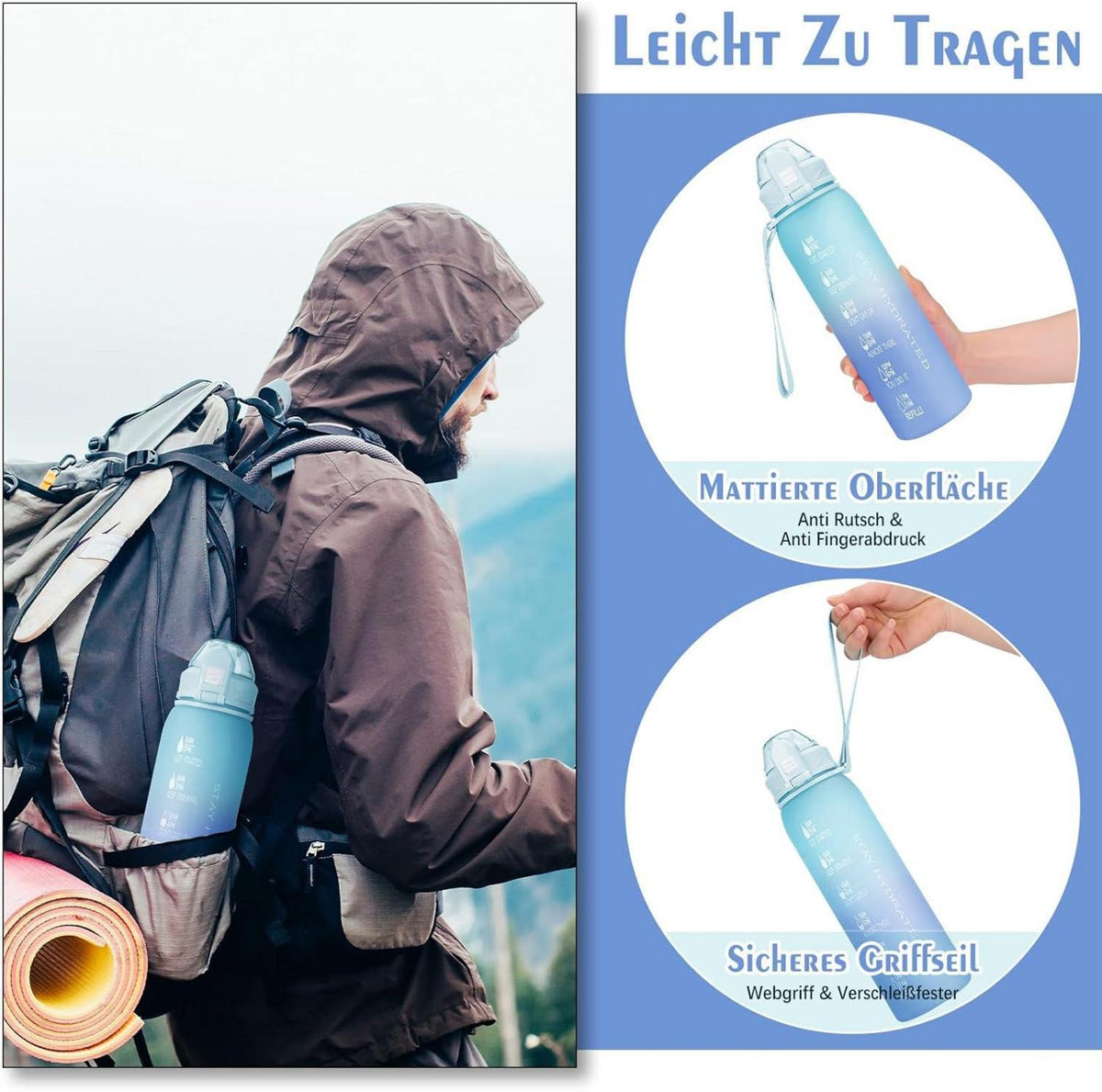 Trinkflasche 1l BPA-frei Auslaufsicher mit Zeitmarkierung Dunkelblau