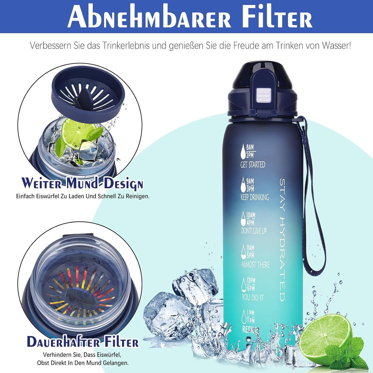 Trinkflasche 1l BPA-frei mit Zeitmarkierung, Sportflasche
