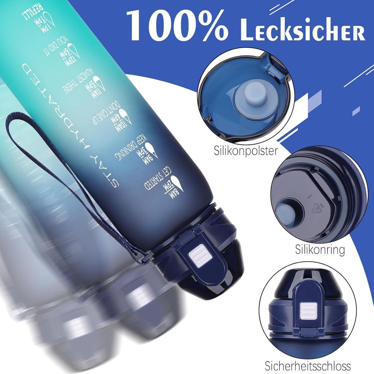 Trinkflasche 1l BPA-frei Sport Auslaufsicher Zeitmarkierung