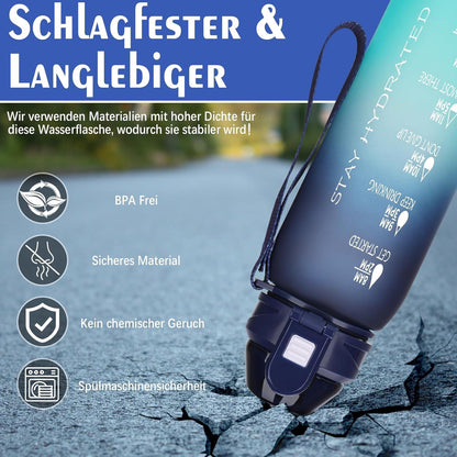 AOPREL Trinkflasche 1l BPA-frei Auslaufsicher mit Zeitmarkierung Blau Grün