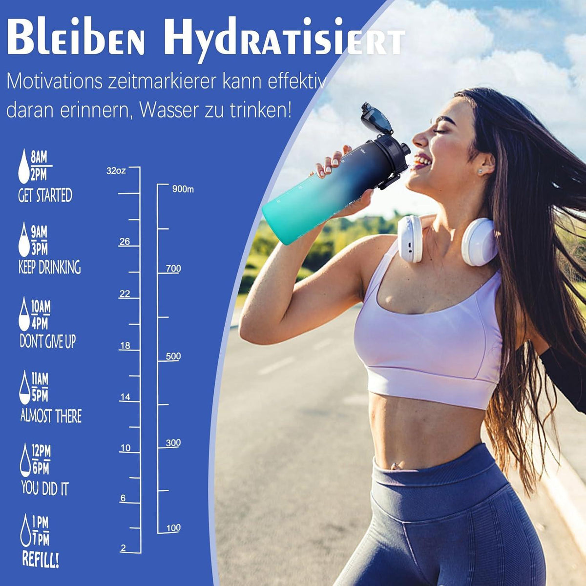 Trinkflasche 1l BPA-frei Auslaufsicher Sportflasche Zeitmarke Blau