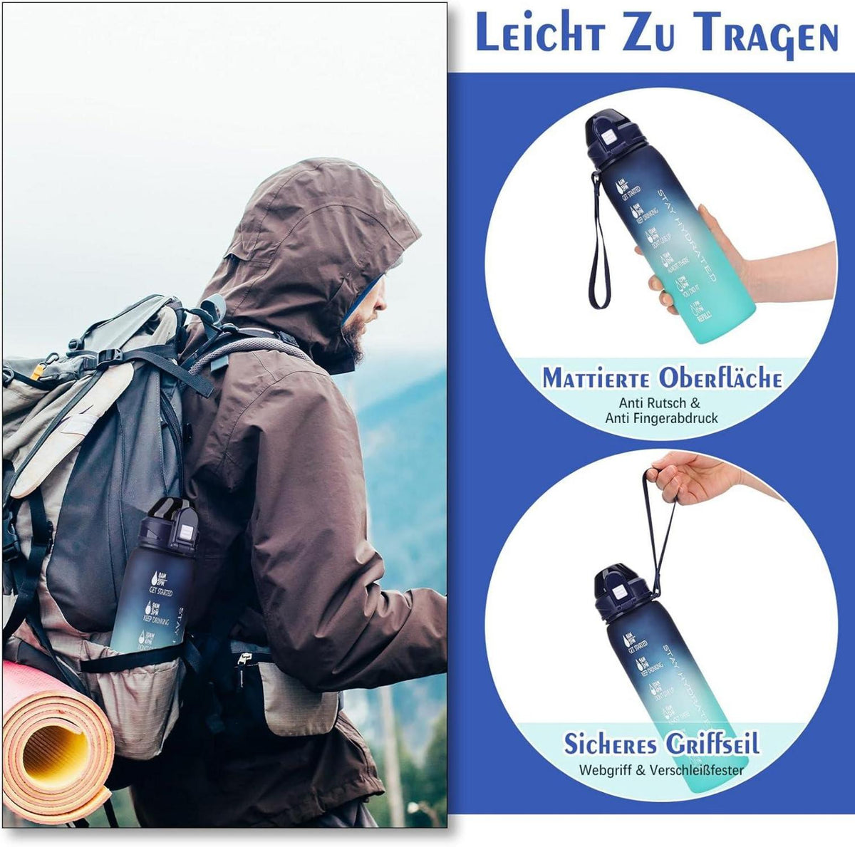 Trinkflasche 1l BPA-frei Auslaufsicher Zeitmarkierung Blau Grün