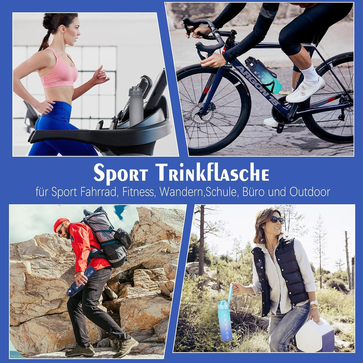 Trinkflasche 1l BPA-frei Auslaufsicher Sportflasche Zeitmarke Blau