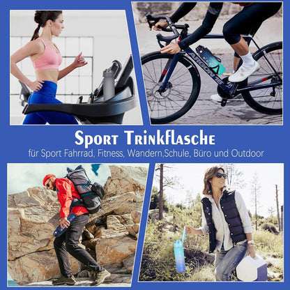 Trinkflasche 1l BPA-frei Auslaufsicher Sportflasche Zeitmarke Blau