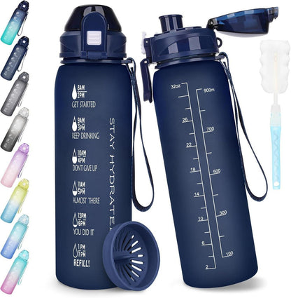 Trinkflasche 1l BPA-frei Sport Wasserflasche Zeitmarkierung Blau
