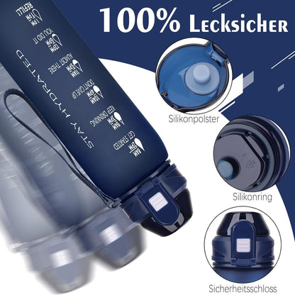 Trinkflasche 1l BPA-frei Sport Wasserflasche Zeitmarkierung Blau