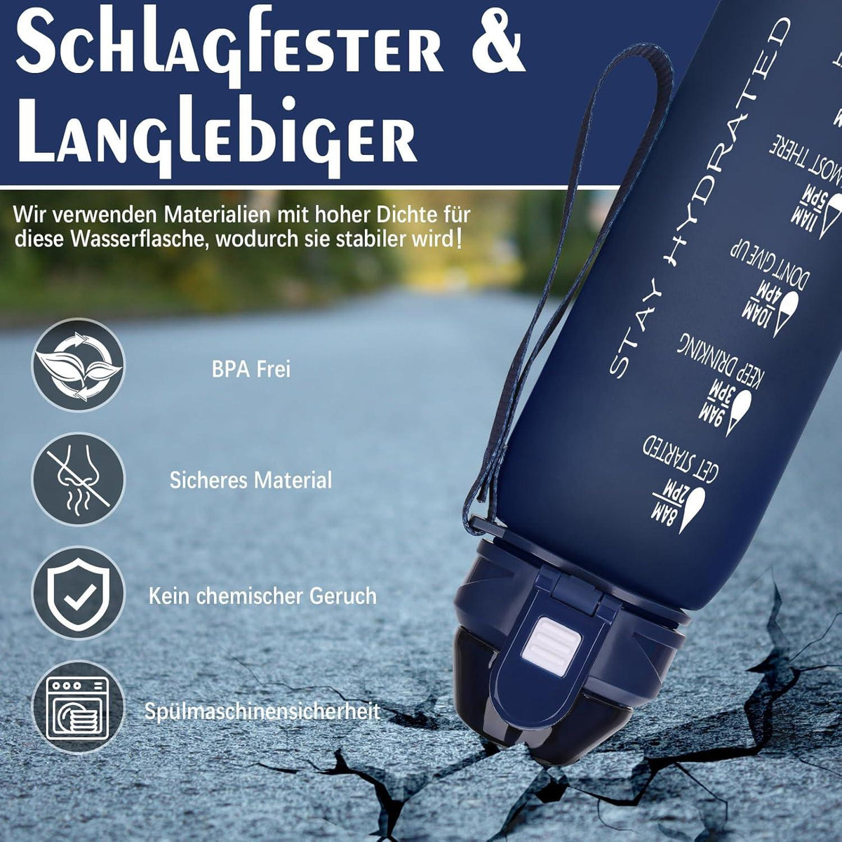 Trinkflasche 1l BPA-frei Sport Wasserflasche mit Zeitmarkierung