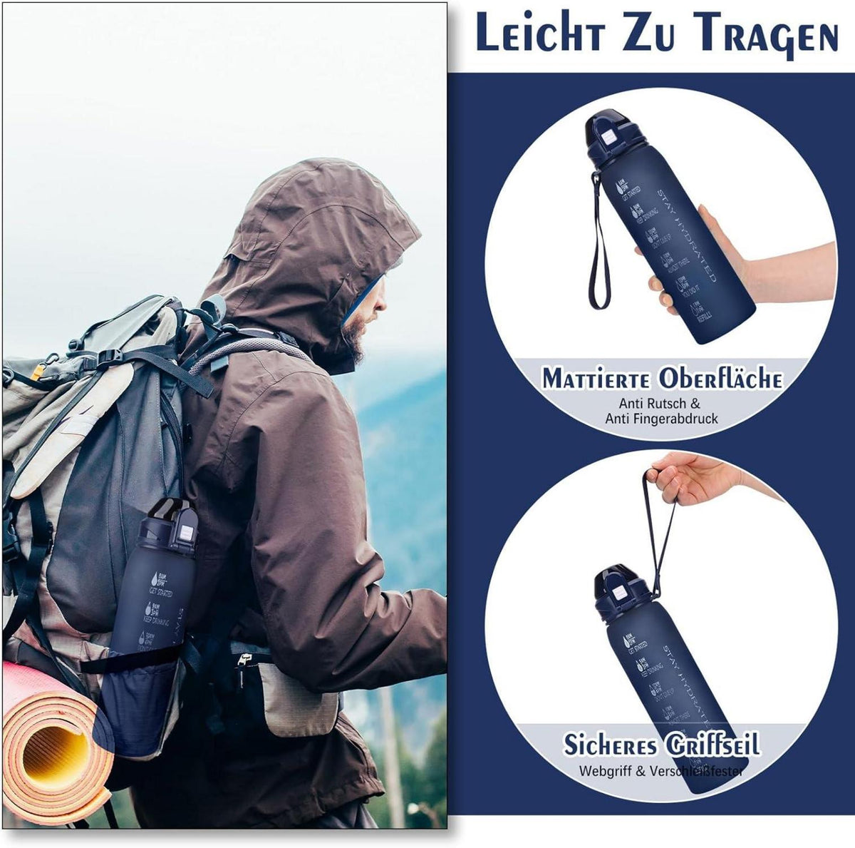 Trinkflasche 1l BPA-Frei Sport Wasserflasche Zeitmarkierung