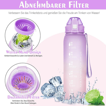 Trinkflasche 1l BPA-frei Auslaufsicher Zeitmarkierung Sport
