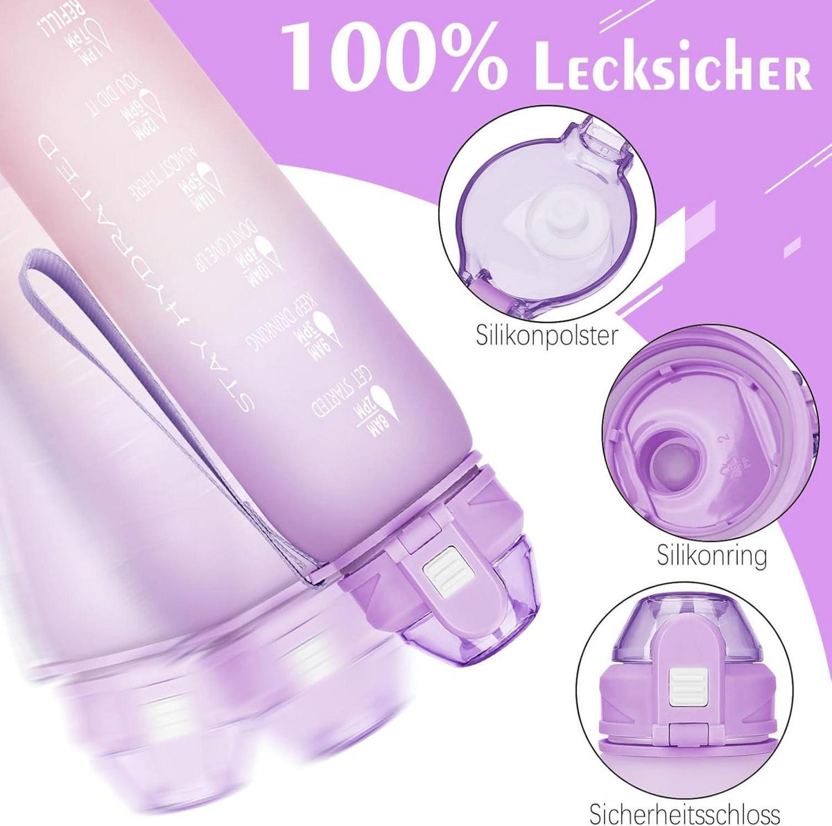 Trinkflasche 1l BPA-frei Zeitmarkierung Sport Yoga Outdoorauslaufsi