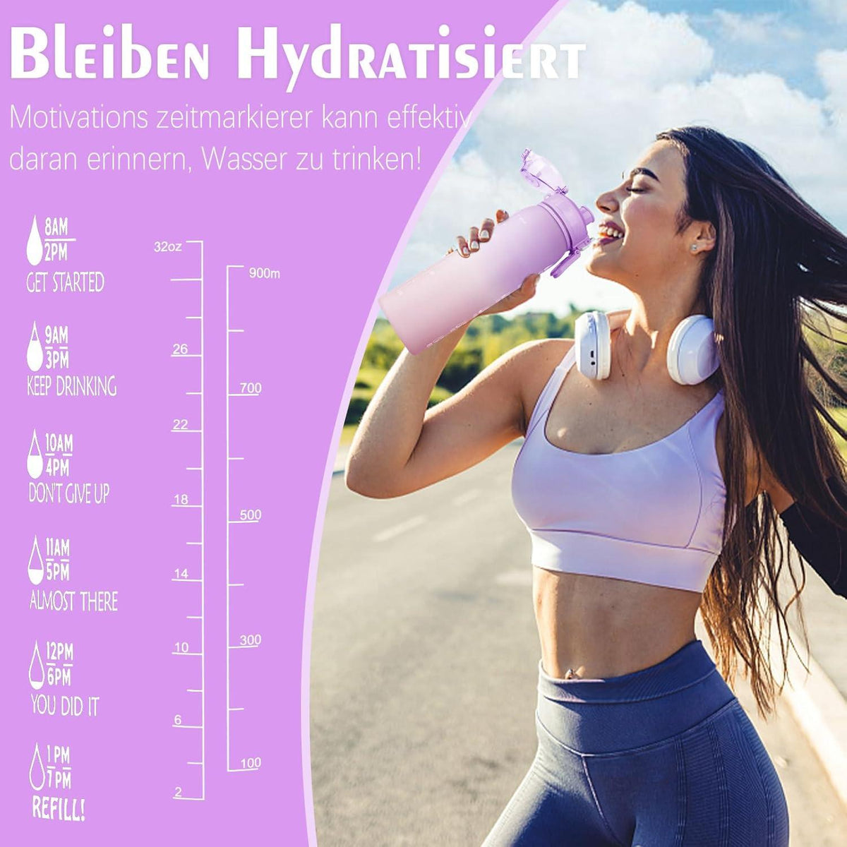 Sport Trinkflasche 1l BPA-frei Zeitmarkierung Auslaufsicher Outdoor