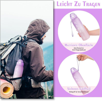 Trinkflasche 1l BPA-frei Auslaufsicher Zeitmarkierung Lila Rosa
