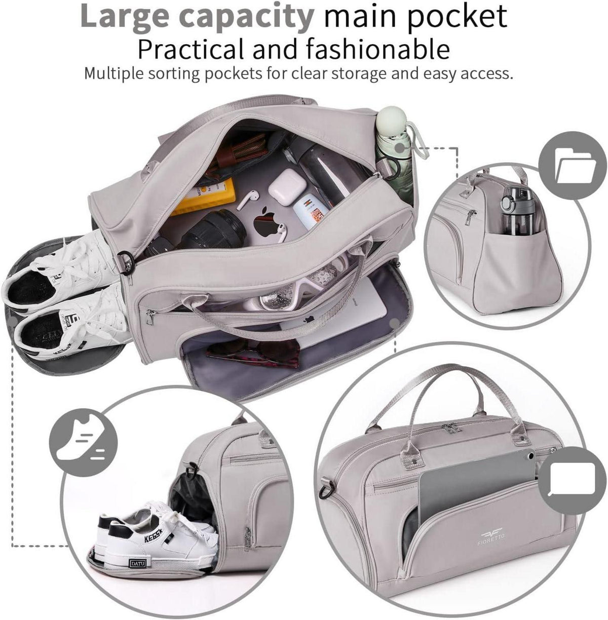 Fioretto 30L Sporttasche und Reisetasche mit Schuhfach und Nassfach Grau