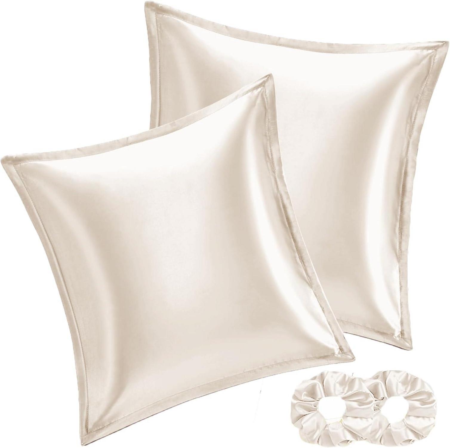Satin Kissenbezug Beige 65x65 Set mit Haargummis
