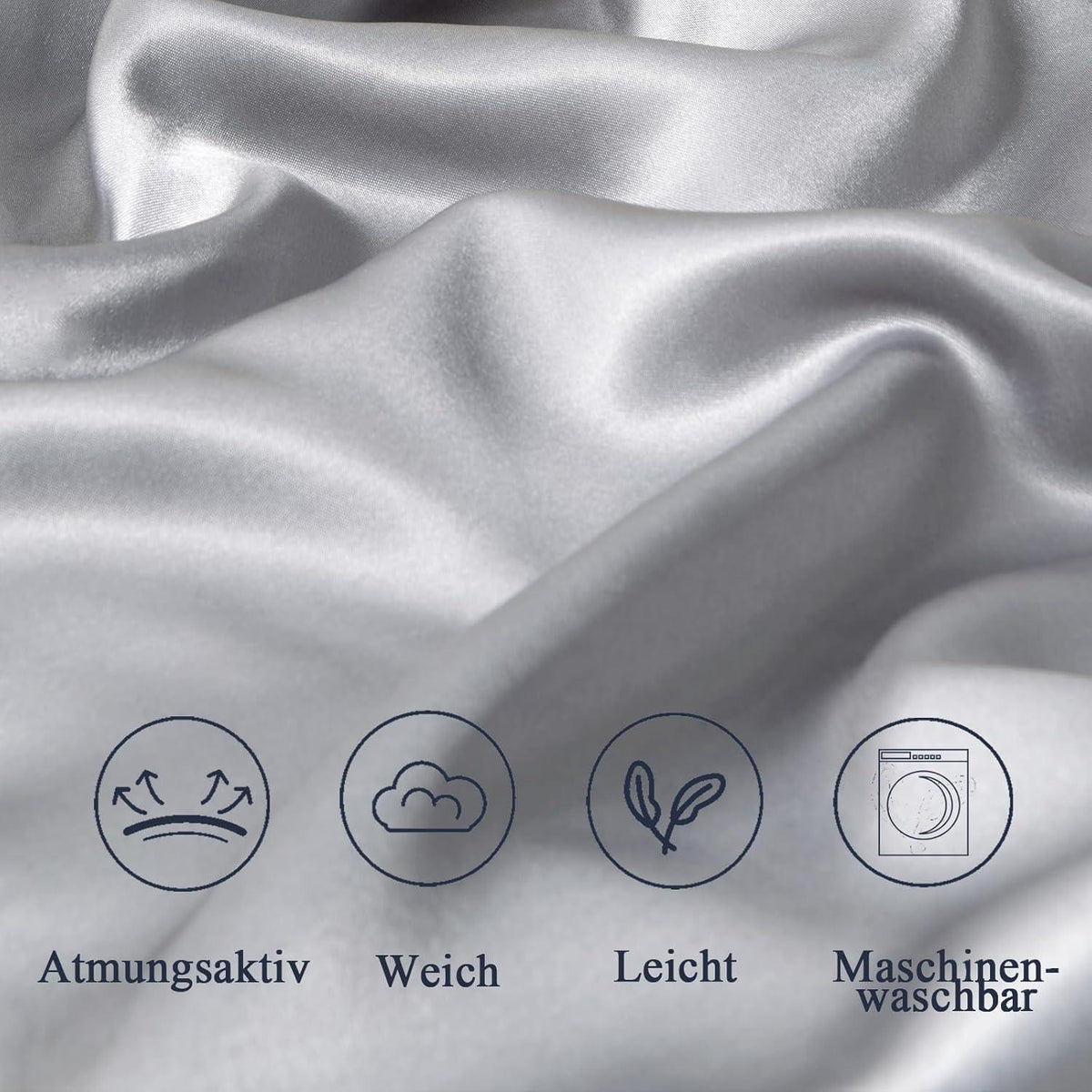 Satin Kissenbezug 60x60 Grau 2er Set mit Haargummis & Reißverschluss