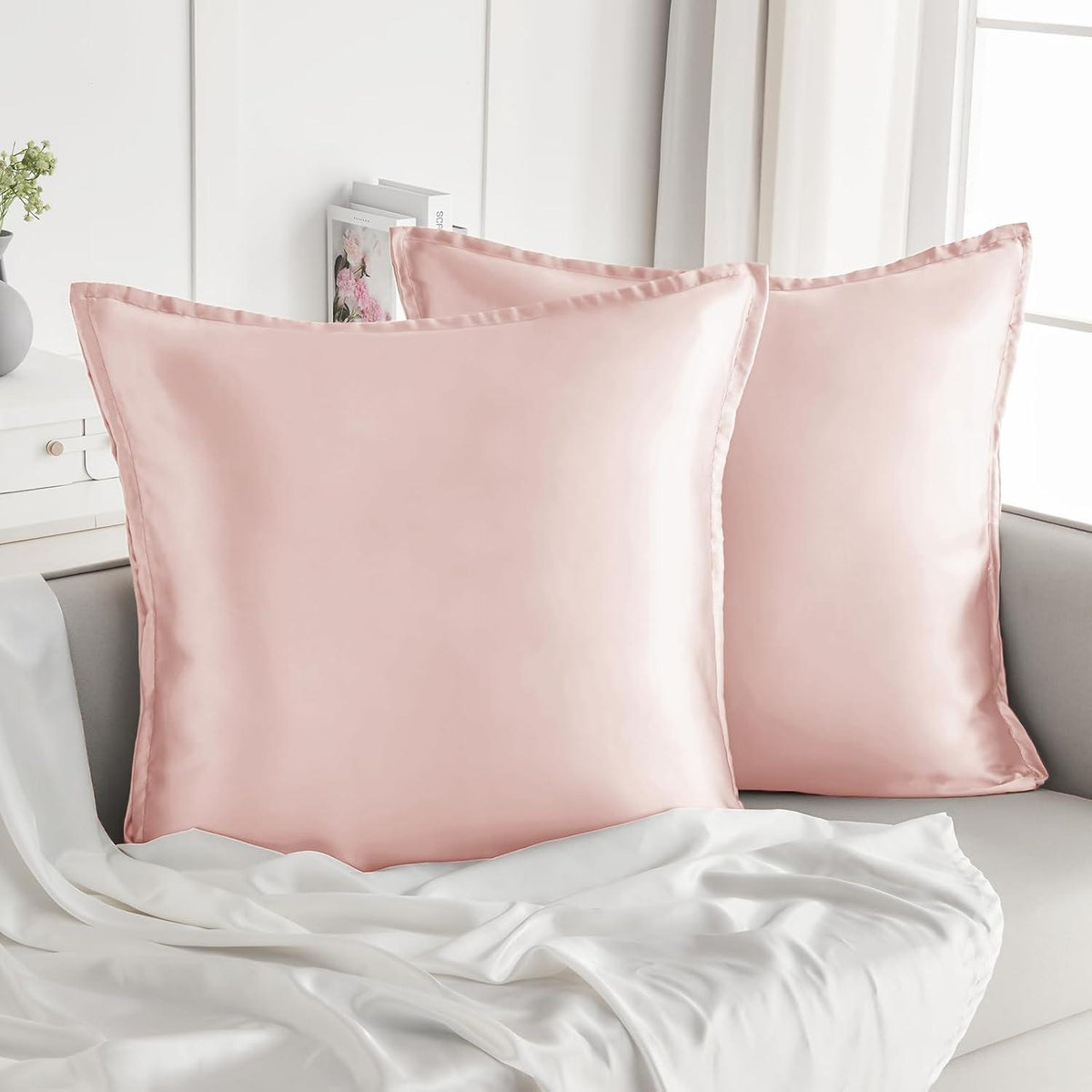Satin Kissenbezug 60x60 Rosa mit Haargummis, Reißverschluss 2er Set
